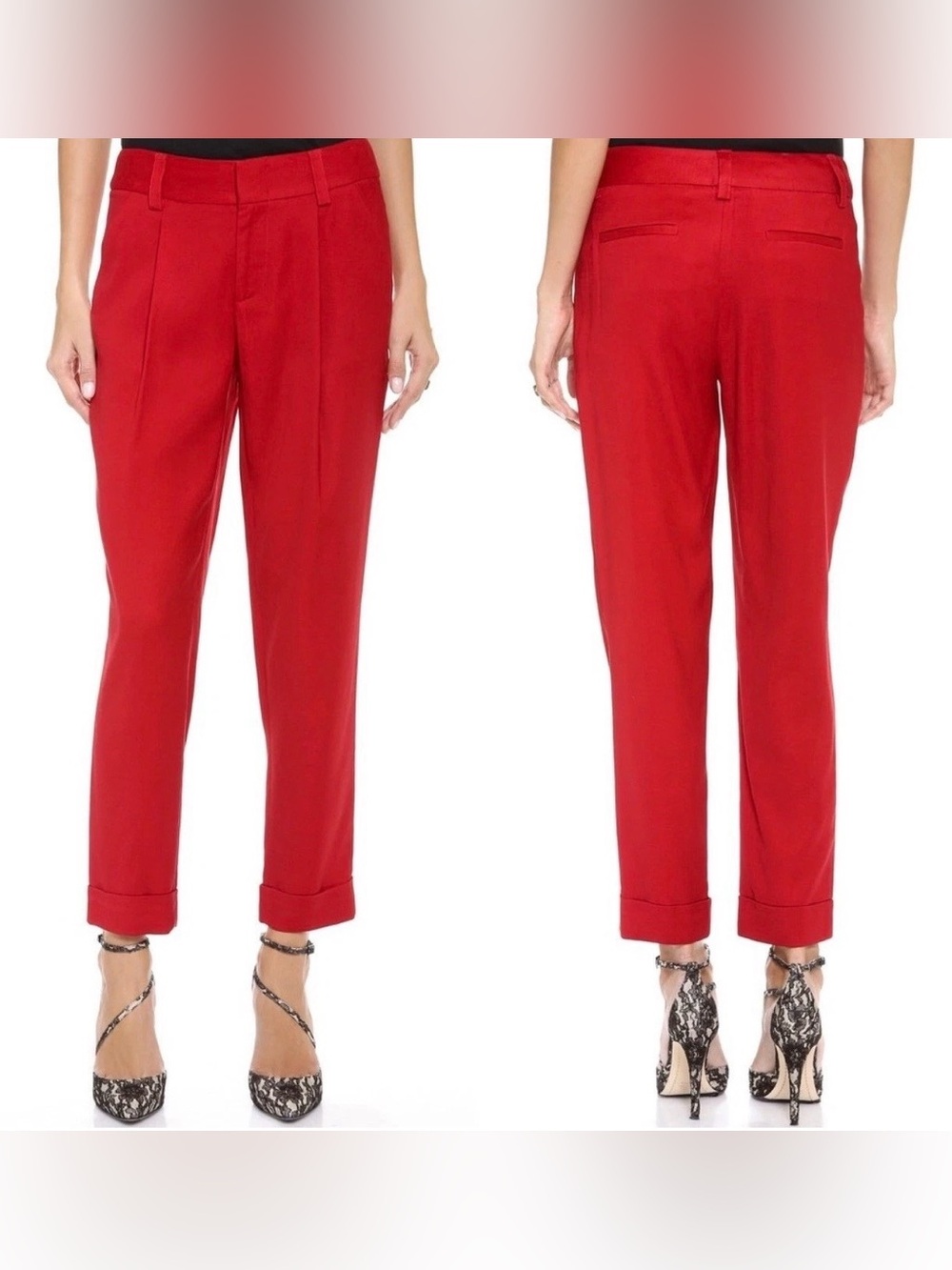 Alice + Olivia Arthur Red Silk Blend Pleated Cuffed Trouser Pants Women 6* Party